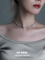 1ST XULIE "Silver Angel" Minimalist Gray Pearl Choker Necklace in 925 Sterling Silver - Pearl Detail Shot