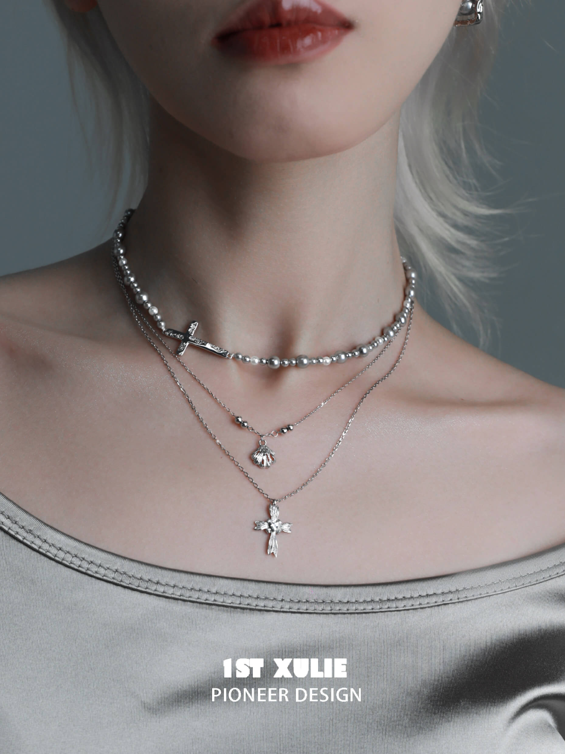 1ST XULIE "Silver Angel" Minimalist Gray Pearl Choker Necklace in 925 Sterling Silver - Product View