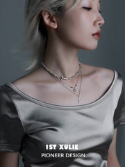 1ST XULIE "Silver Angel" Minimalist Gray Pearl Choker Necklace in 925 Sterling Silver - Angled Product View