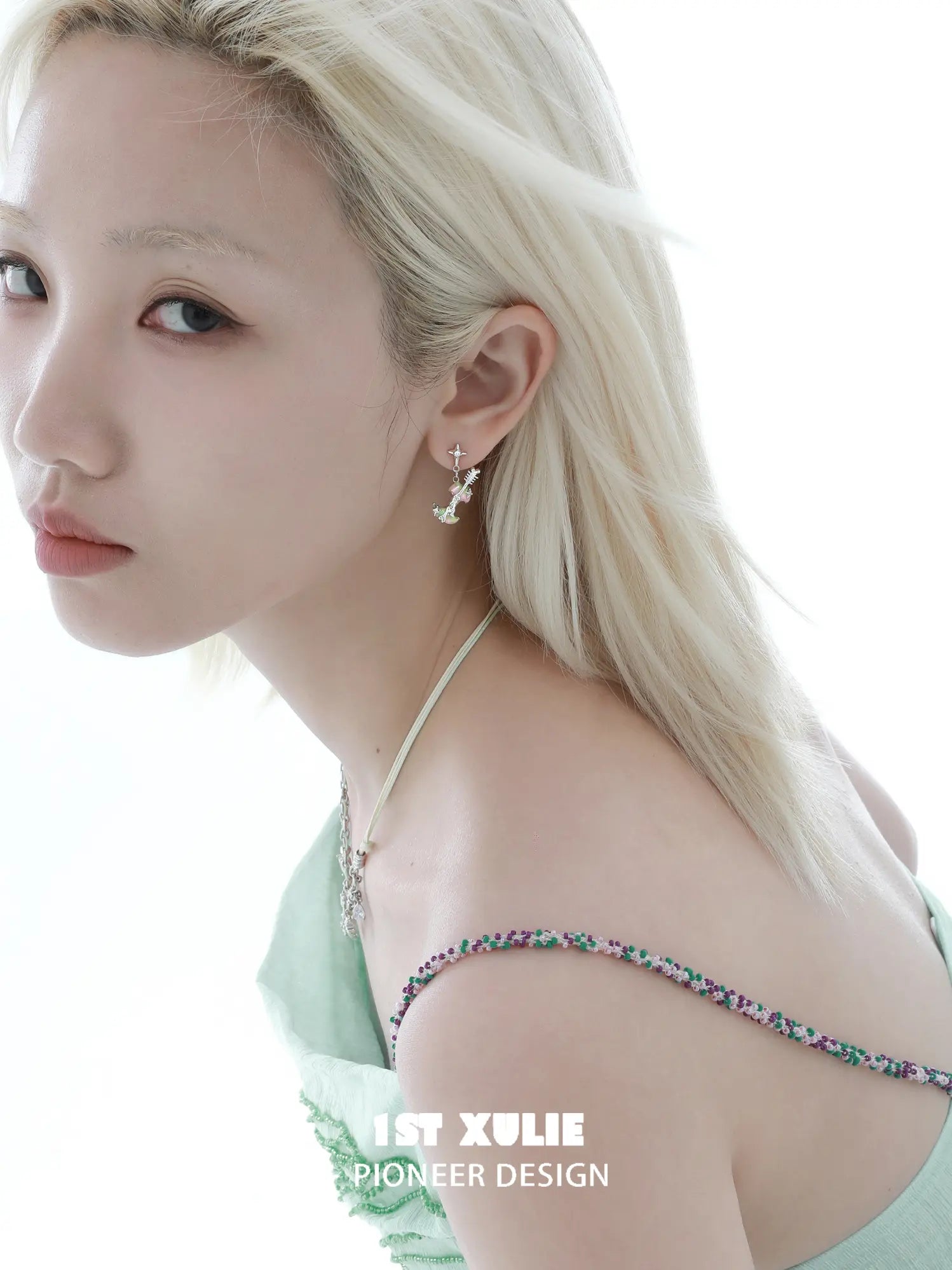 1ST XULIE Jewelry "Cuties' Appleland" Green Apple Enamel Drop Earrings in Rhodium Plated - Detail Shot