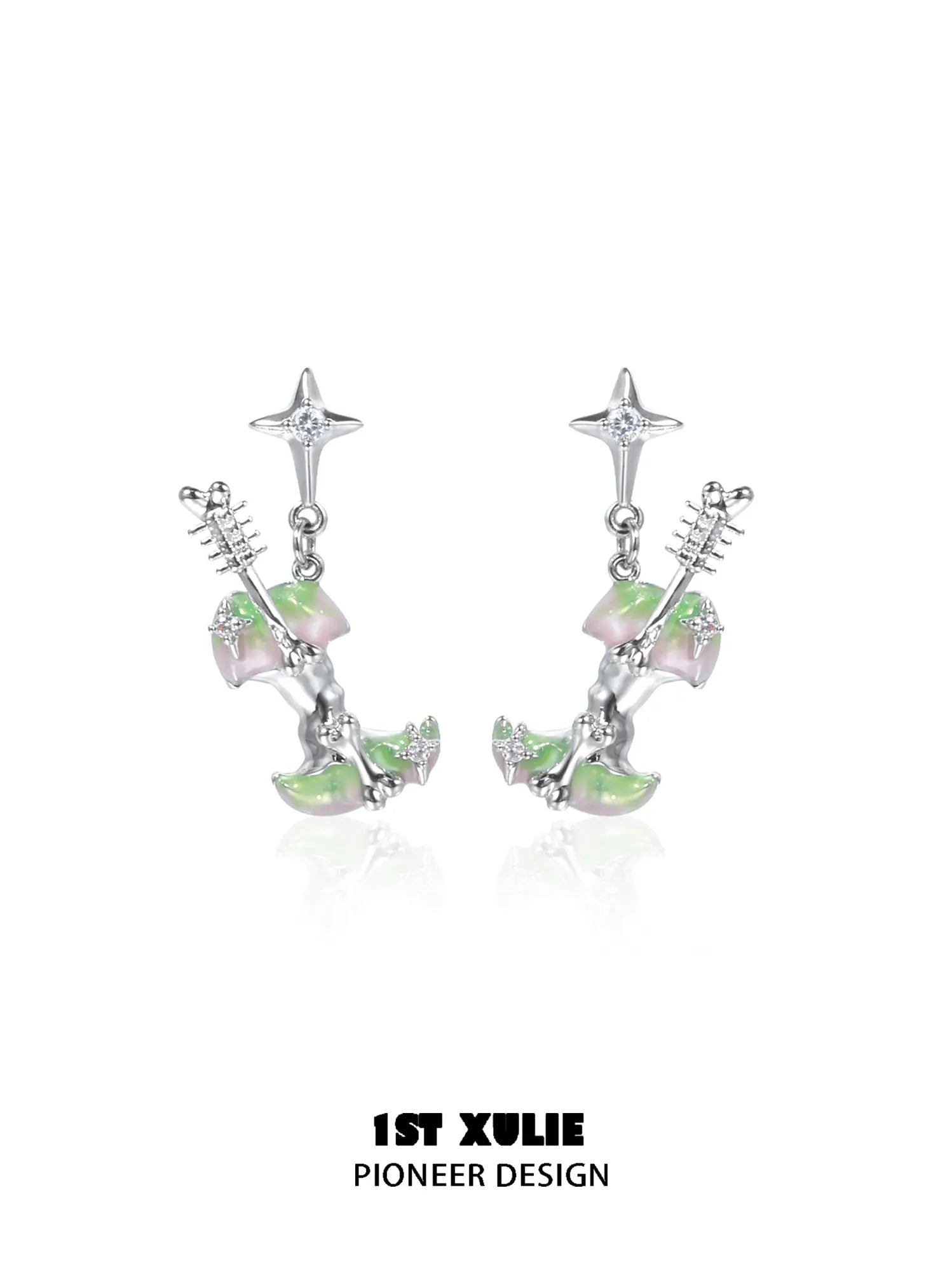 1ST XULIE Jewelry "Cuties' Appleland" Green Apple Enamel Drop Earrings in Rhodium Plated - Lifestyle Shot