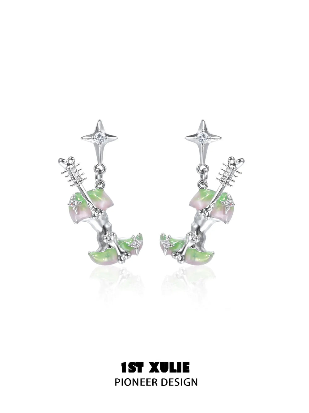1ST XULIE Jewelry "Cuties' Appleland" Green Apple Enamel Drop Earrings in Rhodium Plated - Lifestyle Shot