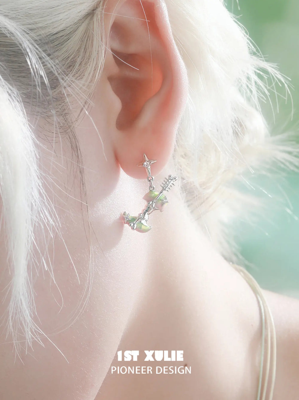 1ST XULIE Jewelry "Cuties' Appleland" Green Apple Enamel Drop Earrings in Rhodium Plated - On Model