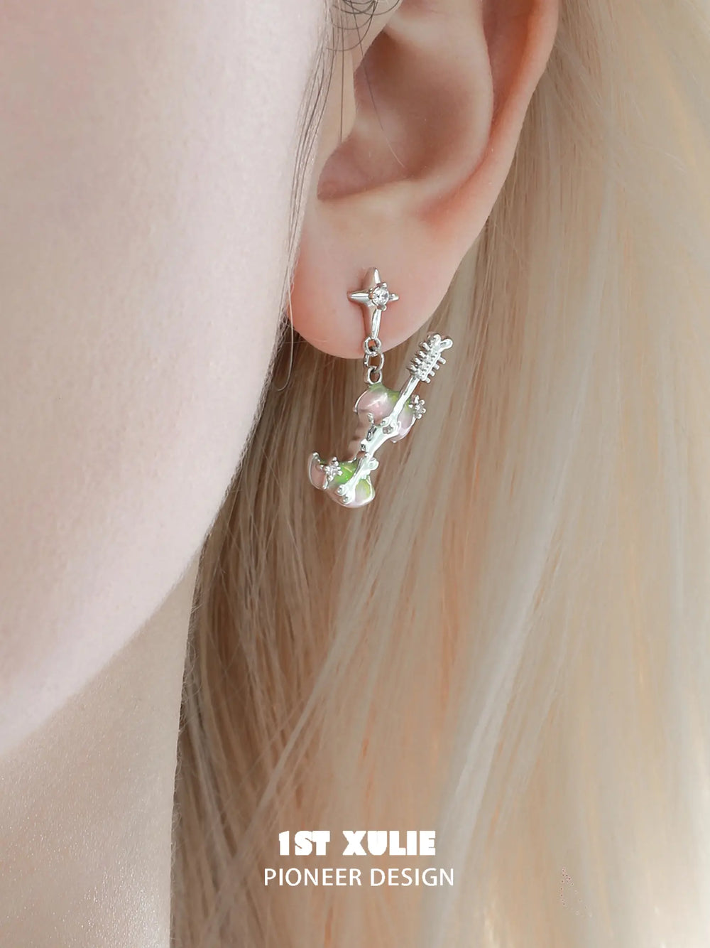 1ST XULIE Jewelry "Cuties' Appleland" Green Apple Enamel Drop Earrings in Rhodium Plated - Side View