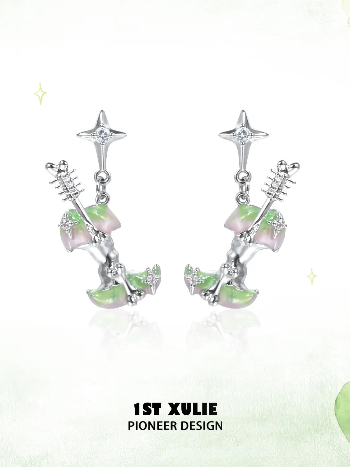 1ST XULIE Jewelry "Cuties' Appleland" Green Apple Enamel Drop Earrings in Rhodium Plated - Texture