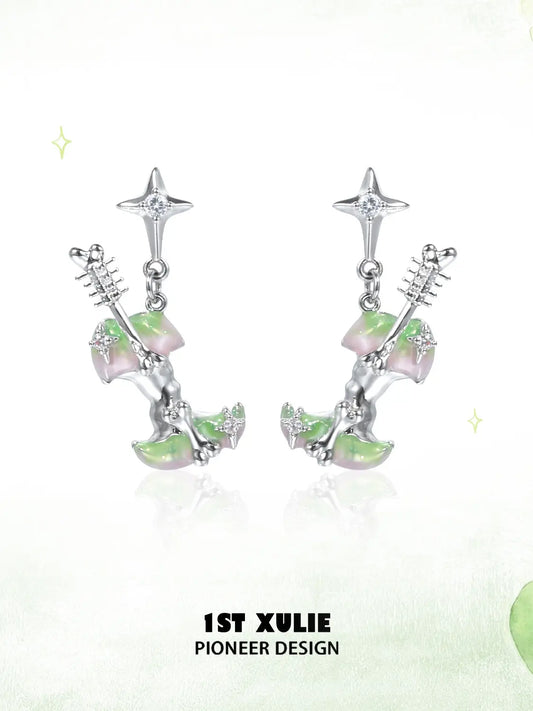 1ST XULIE Jewelry "Cuties' Appleland" Green Apple Enamel Drop Earrings in Rhodium Plated - Texture