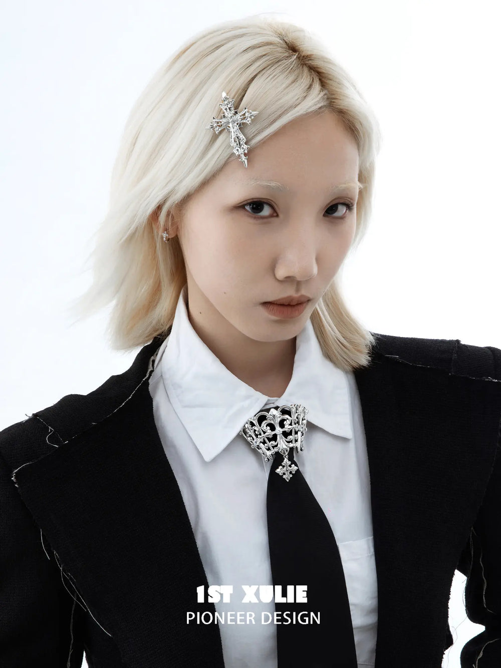 Silver-tone Fleur-de-Lis hair clip in a side hairstyle; other accessories are not included.
