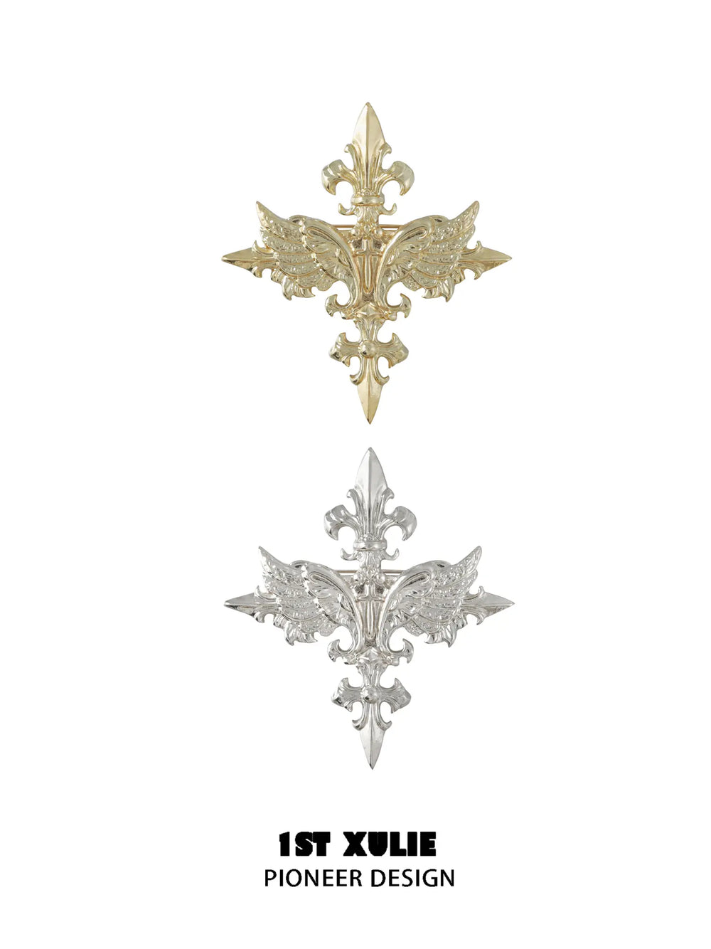 Gold-tone and silver-tone winged Fleur-de-Lis brooches; one random-color brooch is included.