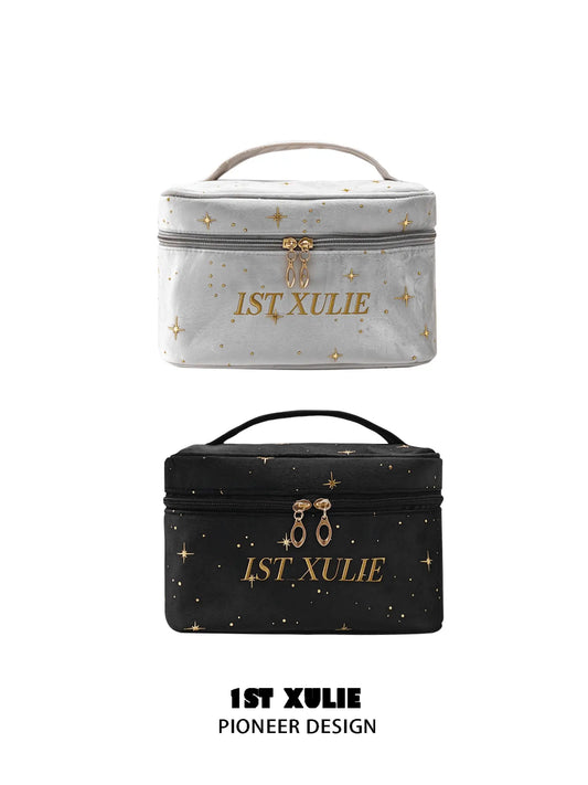 Light gray and black 1ST XULIE velvet makeup bags with gold star details; one random-color bag is included.