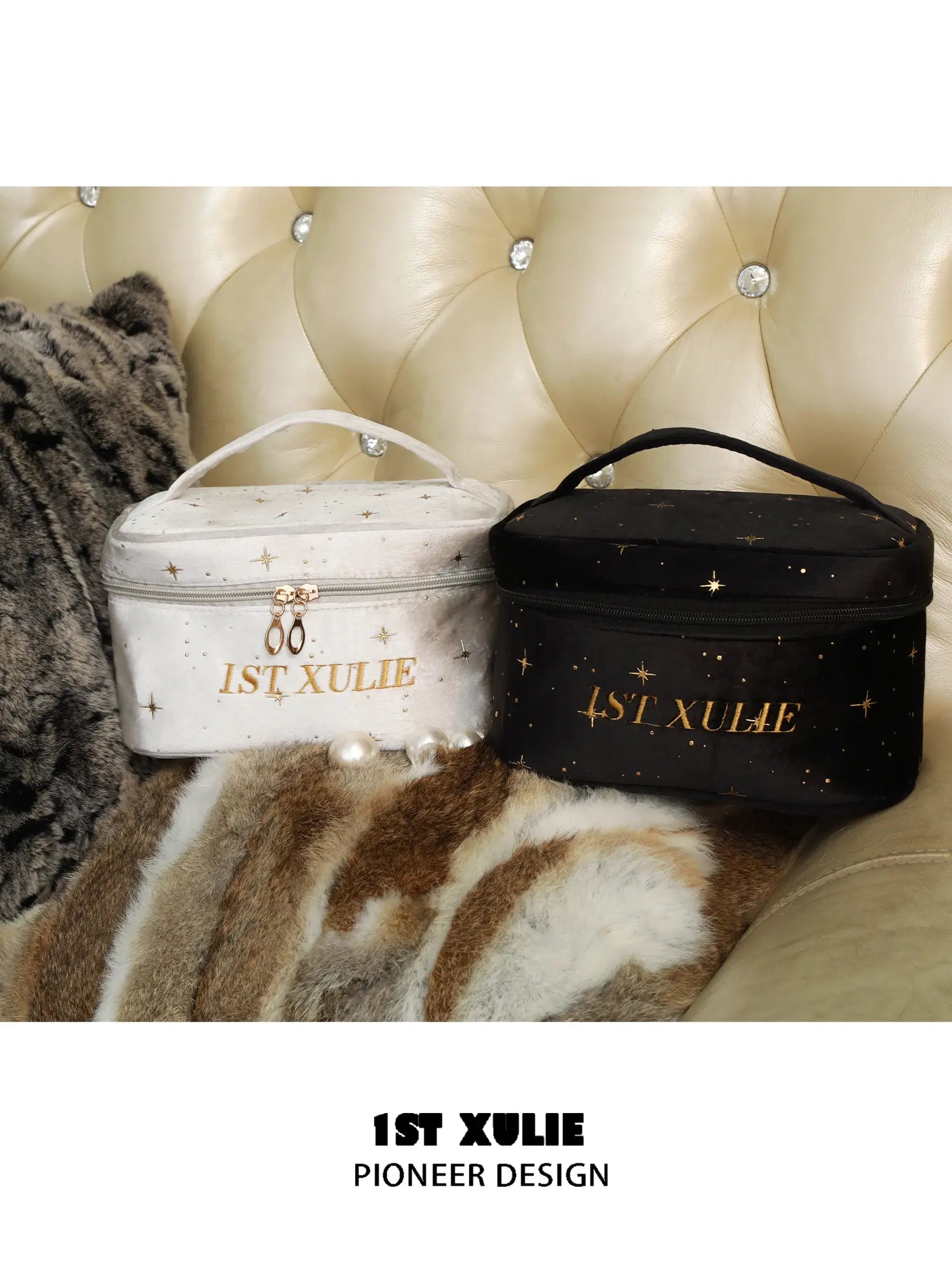 Black and light gray velvet makeup bags with gold 1ST XULIE branding.