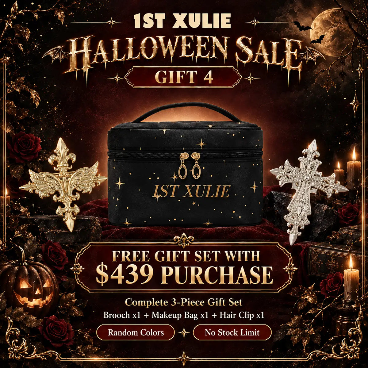 Halloween Sale Gift 4: one brooch, one velvet makeup bag and one hair clip free with a $439 purchase; random colors; no promotional quantity cap.