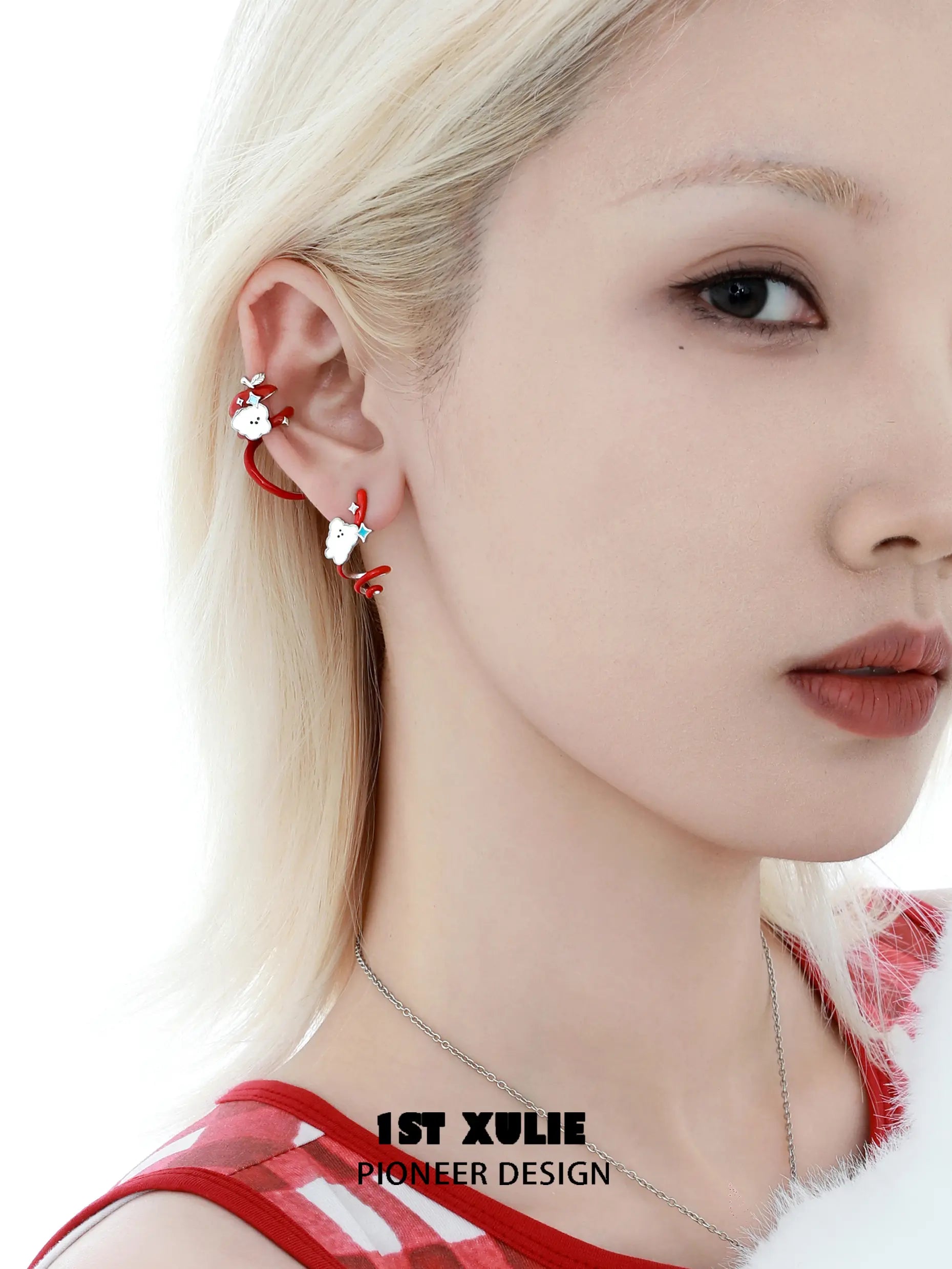 1ST XULIE "Cuties' Appleland" Hand-Painted Cyclone Apple Ear Climber Earrings in Platinum Plated Brass - Clasp Detail