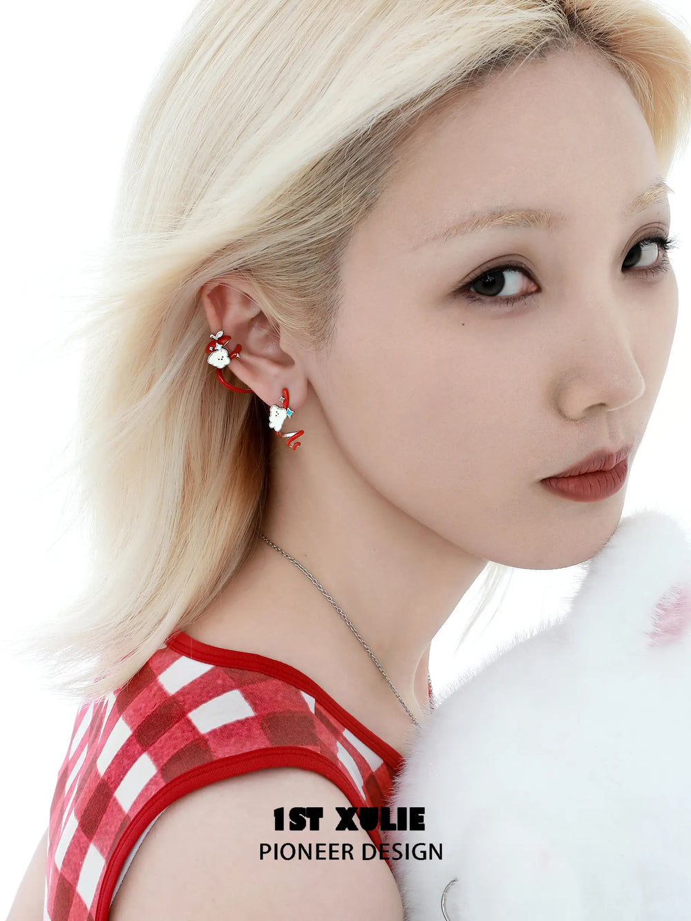 1ST XULIE "Cuties' Appleland" Hand-Painted Cyclone Apple Ear Climber Earrings in Platinum Plated Brass - Detail Shot