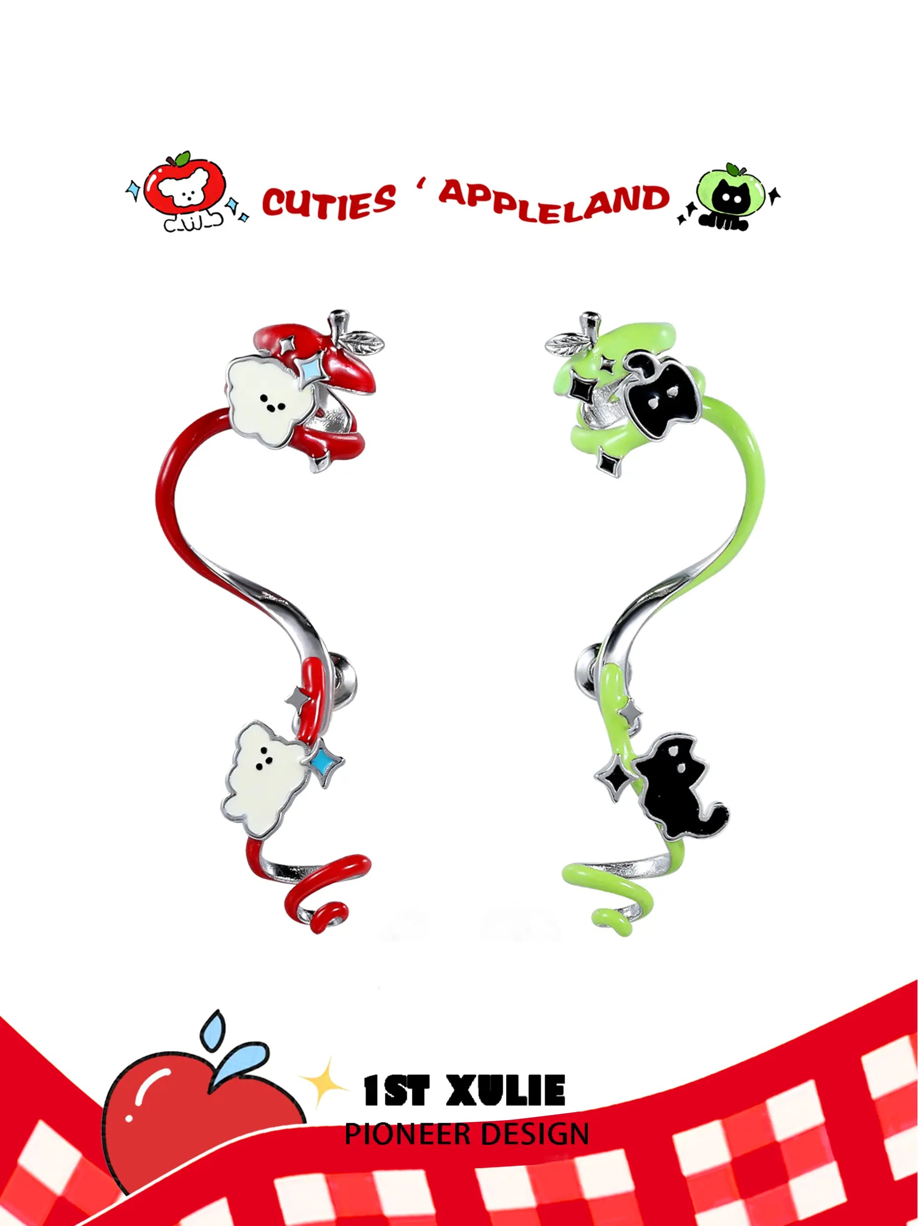 1ST XULIE "Cuties' Appleland" Hand-Painted Cyclone Apple Ear Climber Earrings in Platinum Plated Brass - Product View