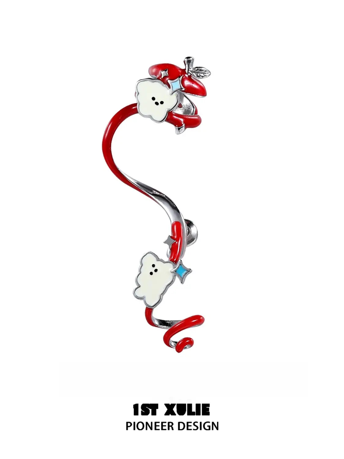 1ST XULIE "Cuties' Appleland" Hand-Painted Cyclone Apple Ear Climber Earrings in Platinum Plated Brass - On Model Close-Up