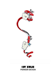 1ST XULIE "Cuties' Appleland" Hand-Painted Cyclone Apple Ear Climber Earrings in Platinum Plated Brass - On Model Close-Up