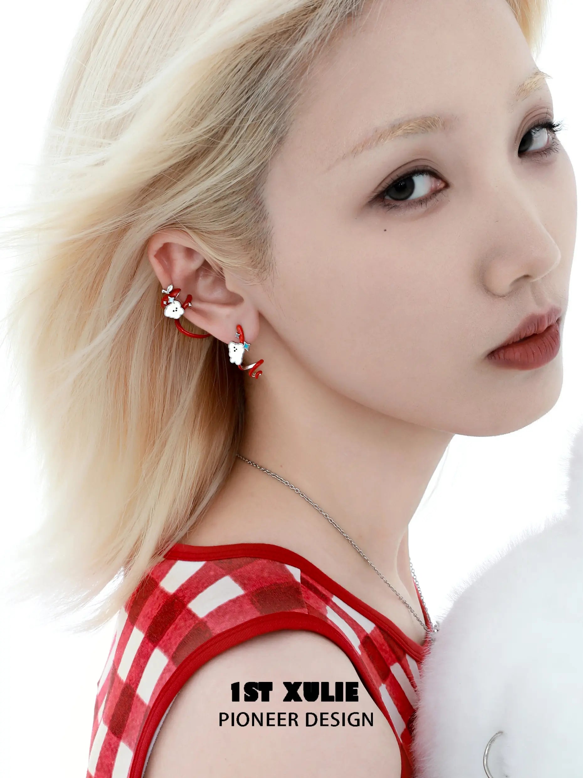 1ST XULIE "Cuties' Appleland" Hand-Painted Cyclone Apple Ear Climber Earrings in Platinum Plated Brass - Packaging View