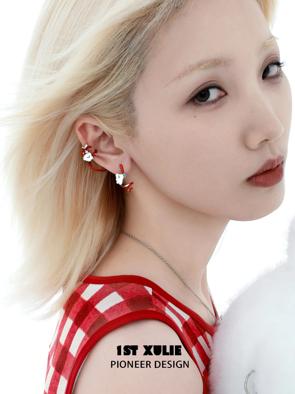 1ST XULIE "Cuties' Appleland" Hand-Painted Cyclone Apple Ear Climber Earrings in Platinum Plated Brass - Packaging View