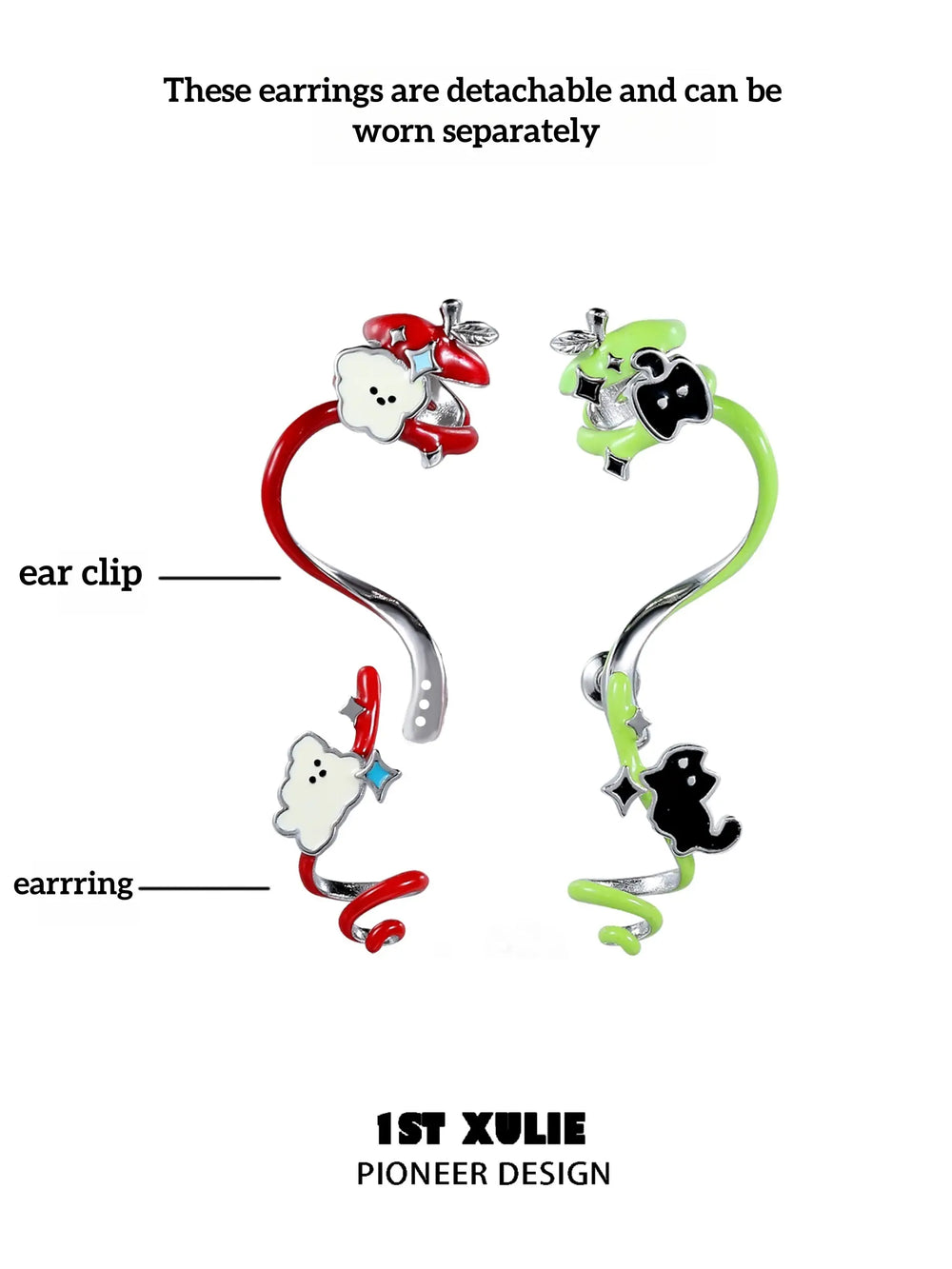 1ST XULIE "Cuties' Appleland" Hand-Painted Cyclone Apple Ear Climber Earrings in Platinum Plated Brass - Texture Shot