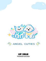 1ST XULIE "Angel Cuties" Hand-Painted Kitten & Puppy Duo Brooch in Platinum Plated Brass - Back View