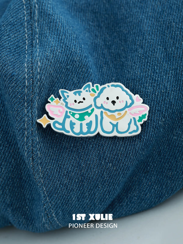 "Angel Cuties" Platinum Plated Hand-Painted Kitten & Puppy Duo Brooch, Cute Animal Pin