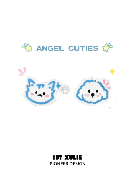 1ST XULIE "Angel Cuties" Hand-Painted Kitten & Puppy Stud Earrings in 925 Sterling Silver - Product View