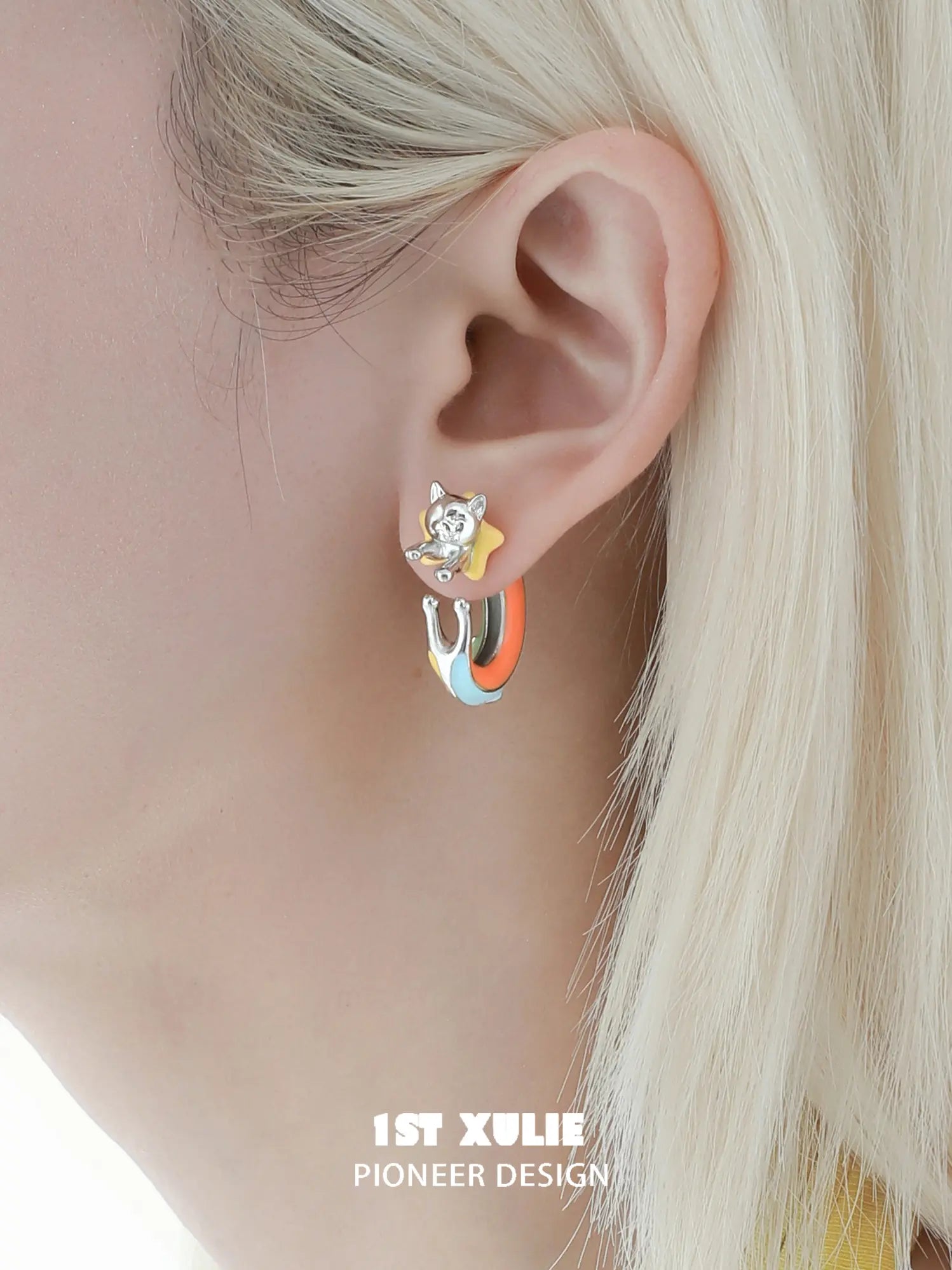 1ST XULIE Jewelry "RAINBOW CAT" Handmade Enamel Rainbow Cat Stud Earrings in Brass - Angle 1