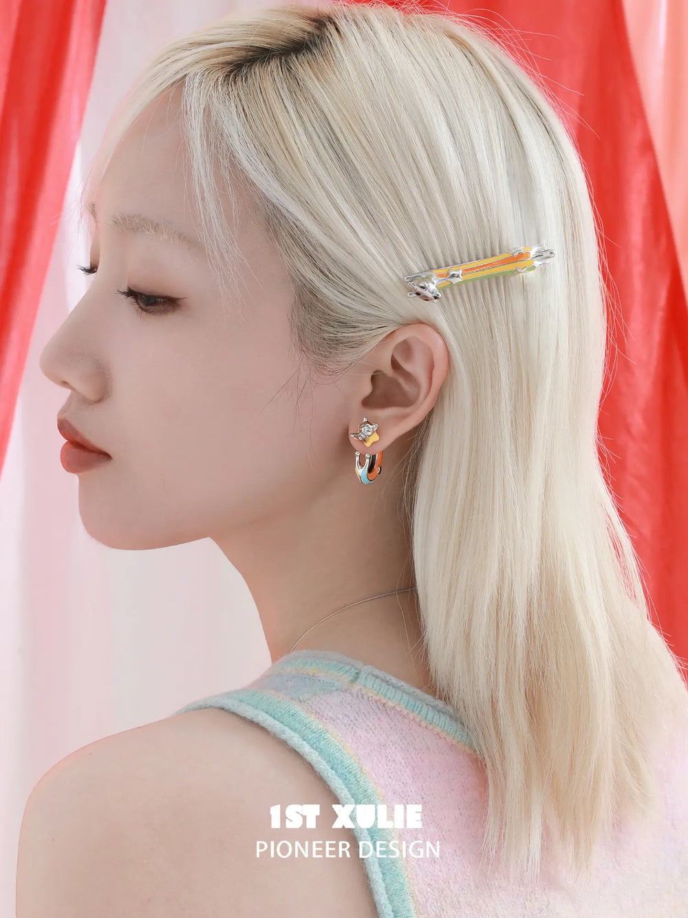 1ST XULIE Jewelry "RAINBOW CAT" Handmade Enamel Rainbow Cat Stud Earrings in Brass - Detail Shot