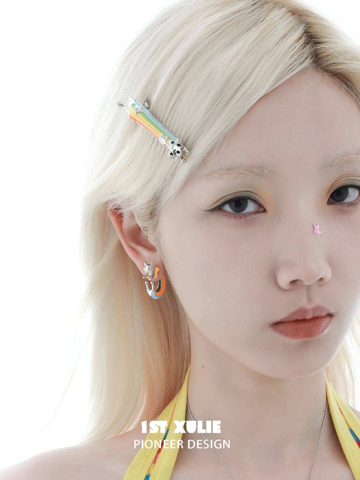 1ST XULIE Jewelry "RAINBOW CAT" Handmade Enamel Rainbow Cat Stud Earrings in Brass - Lifestyle Shot