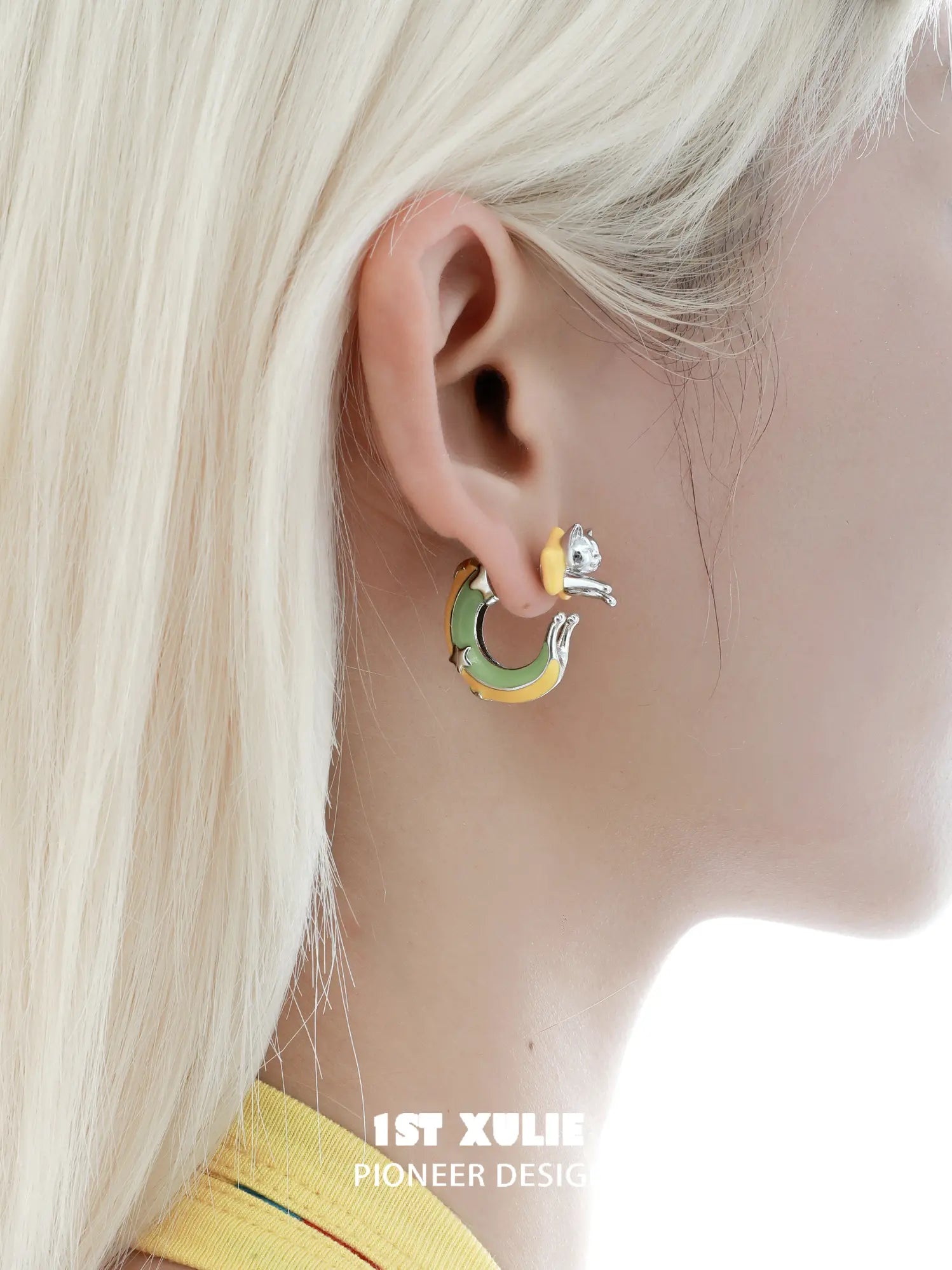 1ST XULIE Jewelry "RAINBOW CAT" Handmade Enamel Rainbow Cat Stud Earrings in Brass - On Model
