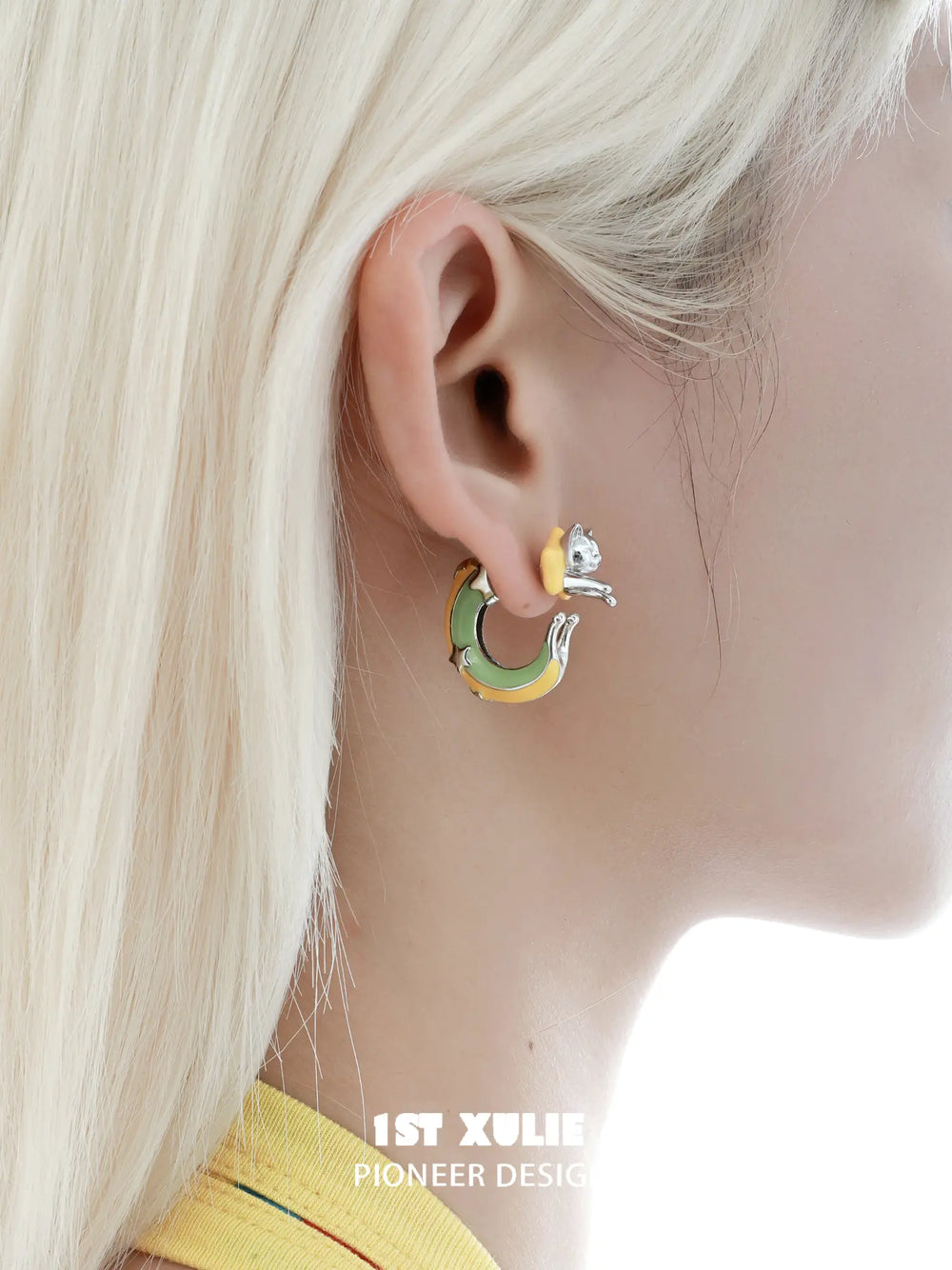 1ST XULIE Jewelry "RAINBOW CAT" Handmade Enamel Rainbow Cat Stud Earrings in Brass - On Model