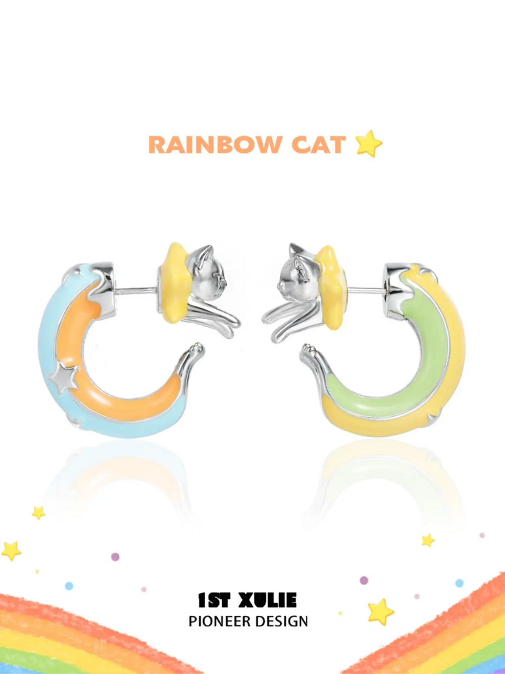 1ST XULIE Jewelry "RAINBOW CAT" Handmade Enamel Rainbow Cat Stud Earrings in Brass - Packaging View