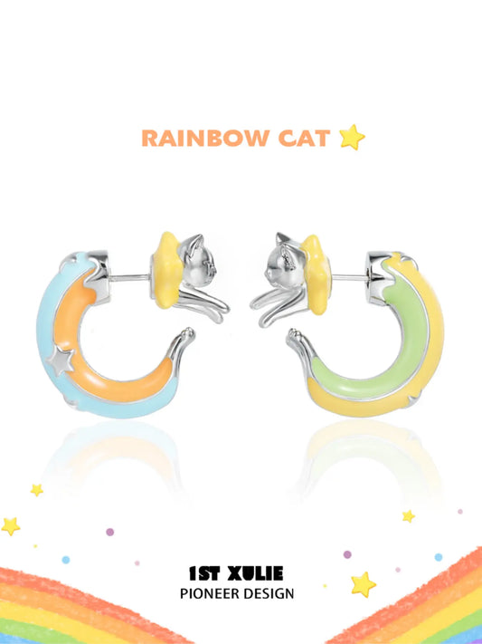 1ST XULIE Jewelry "RAINBOW CAT" Handmade Enamel Rainbow Cat Stud Earrings in Brass - Packaging View
