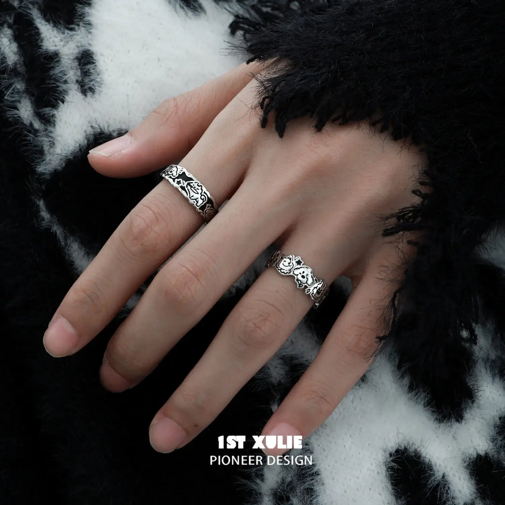 1ST XULIE "Graffiti Puppy" Happy Dog Statement Adjustable Ring in 925 Sterling Silver - Side View