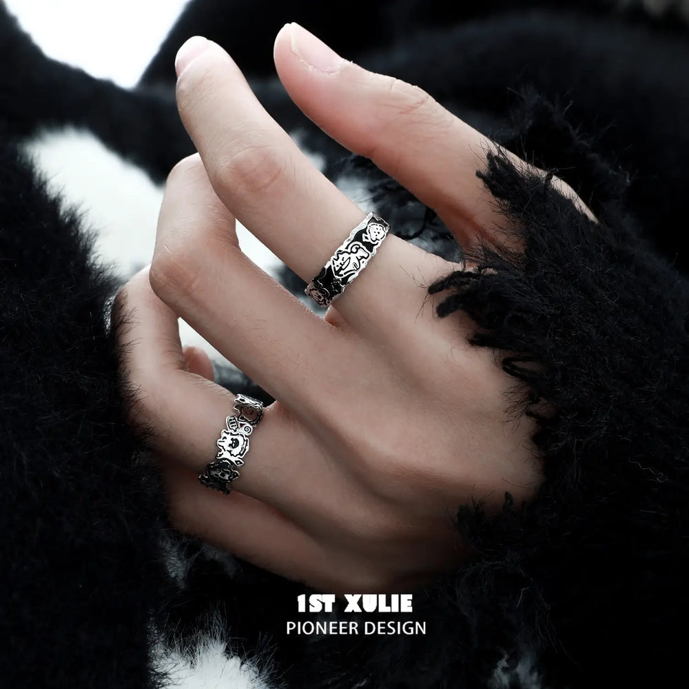 1ST XULIE "Graffiti Puppy" Happy Dog Statement Adjustable Ring in 925 Sterling Silver - Detail Shot