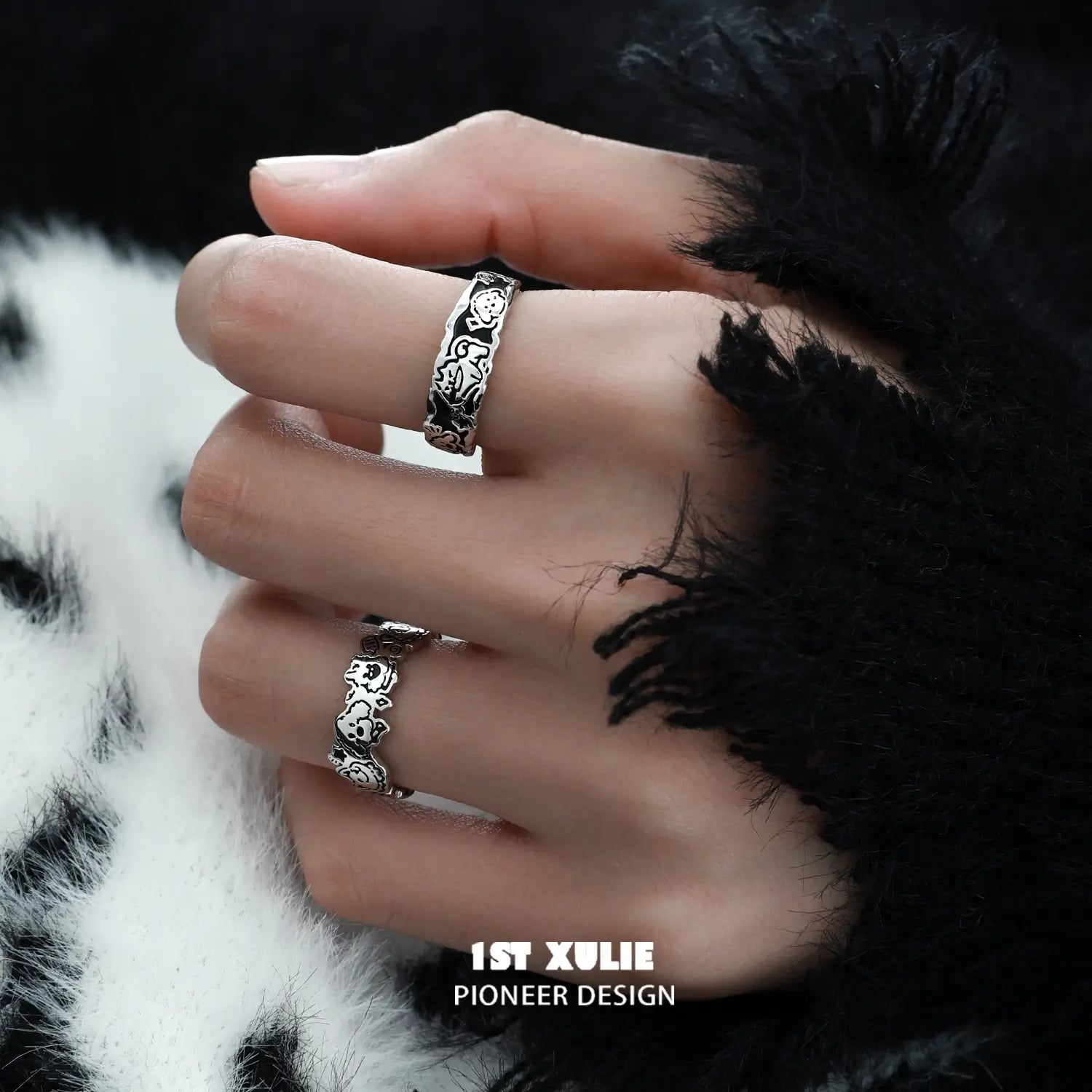 1ST XULIE "Graffiti Puppy" Happy Dog Statement Adjustable Ring in 925 Sterling Silver - Product View