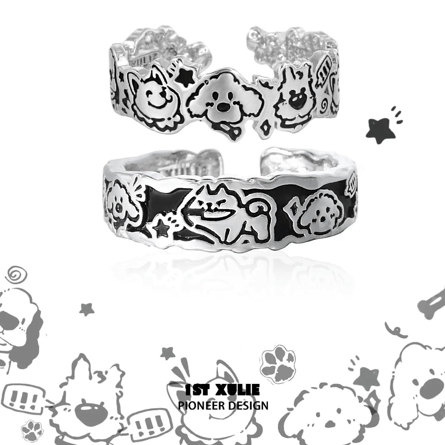 1ST XULIE "Graffiti Puppy" Happy Dog Statement Adjustable Ring in 925 Sterling Silver - On Model Close-up