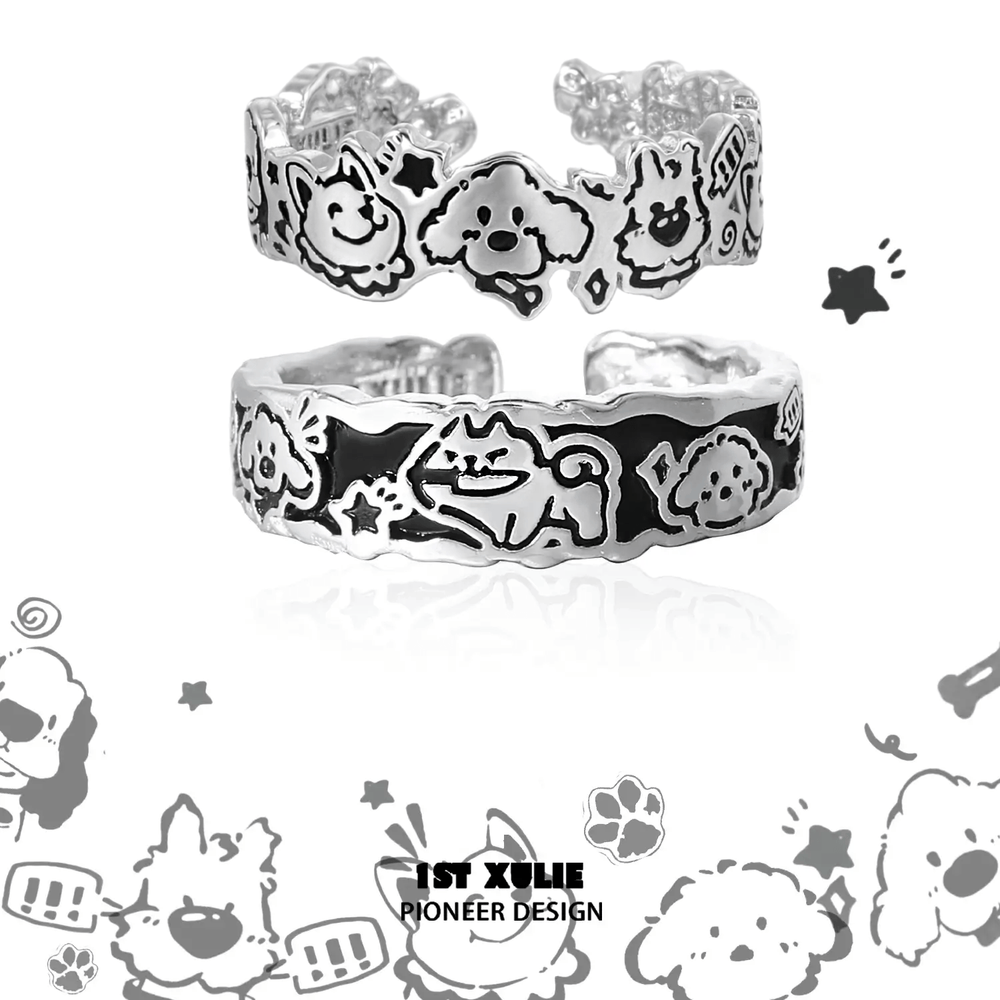 1ST XULIE "Graffiti Puppy" Happy Dog Statement Adjustable Ring in 925 Sterling Silver - On Model Close-up