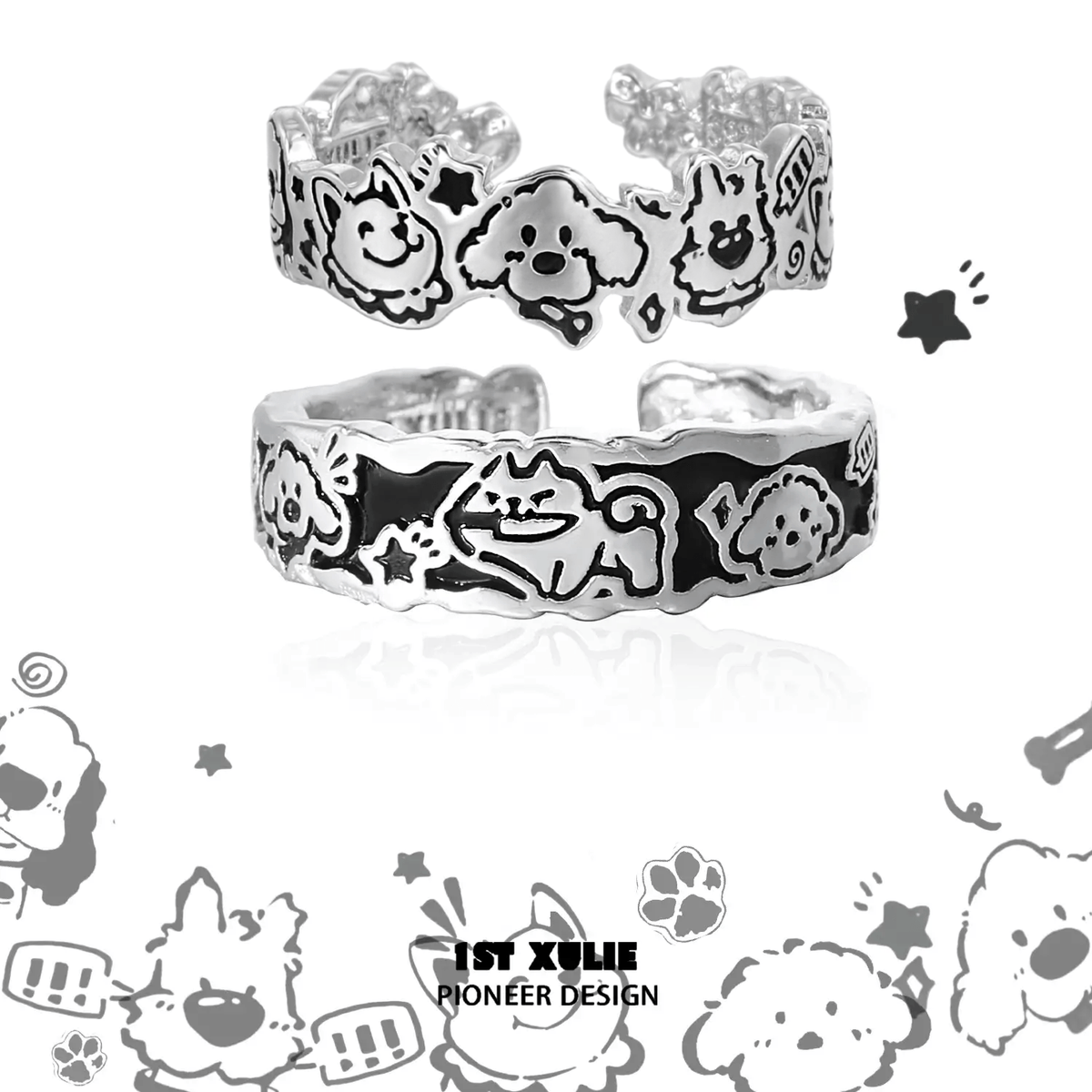 1ST XULIE "Graffiti Puppy" Happy Dog Statement Adjustable Ring in 925 Sterling Silver - On Model Close-up