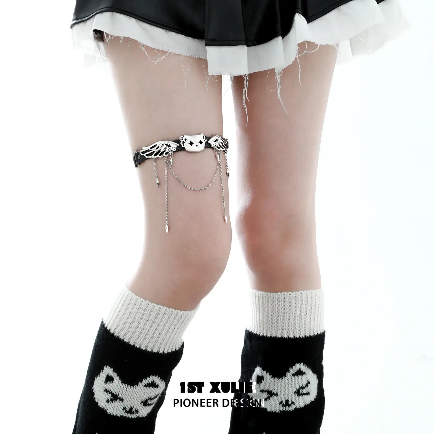1ST XULIE "Angel Cuties" Heart Buckle Leg Garter & Choker in Ultra-Fiber Leather - Worn as Choker On Model