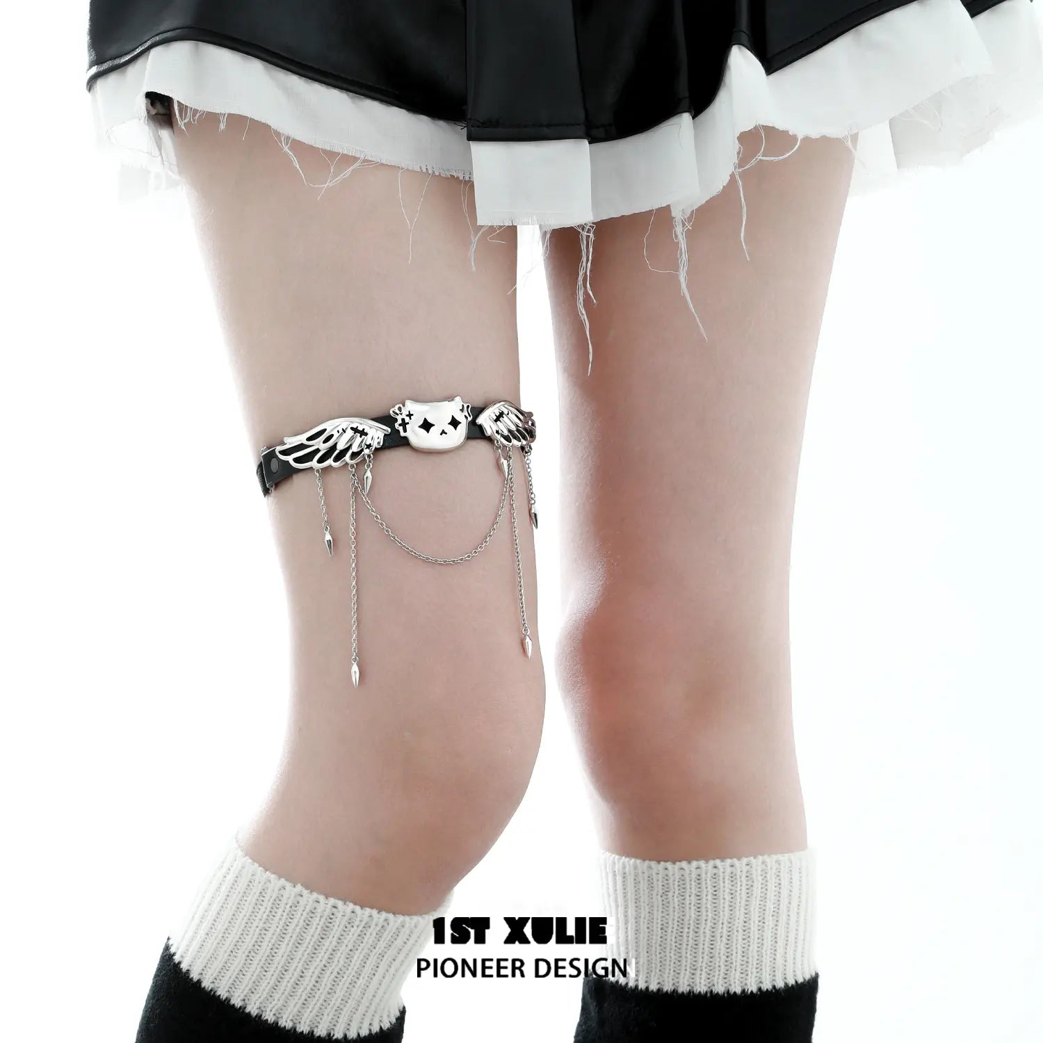 1ST XULIE "Angel Cuties" Heart Buckle Leg Garter & Choker in Ultra-Fiber Leather - Lifestyle Shot