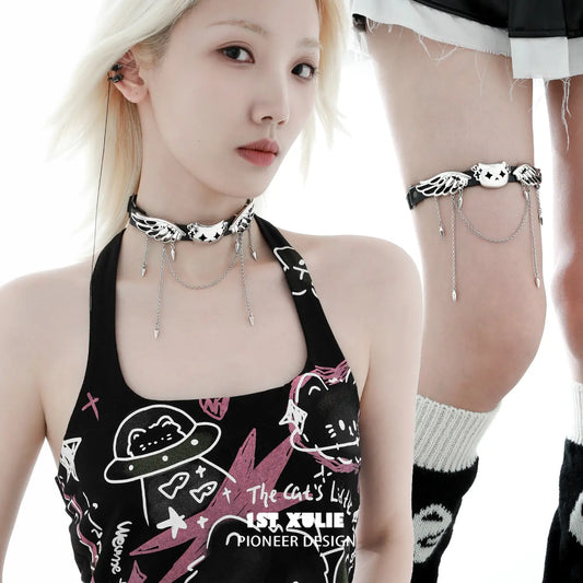 1ST XULIE "Angel Cuties" Heart Buckle Leg Garter & Choker in Ultra-Fiber Leather - On Model