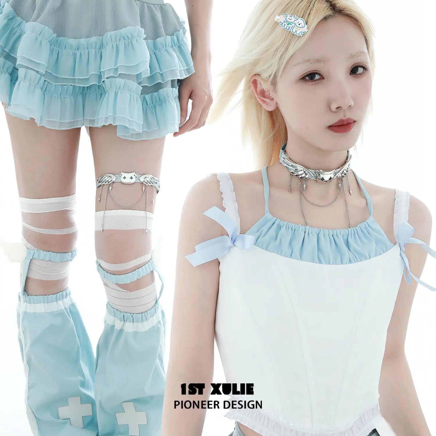 1ST XULIE "Angel Cuties" Heart Buckle Leg Garter & Choker in Ultra-Fiber Leather - On Model Close-Up