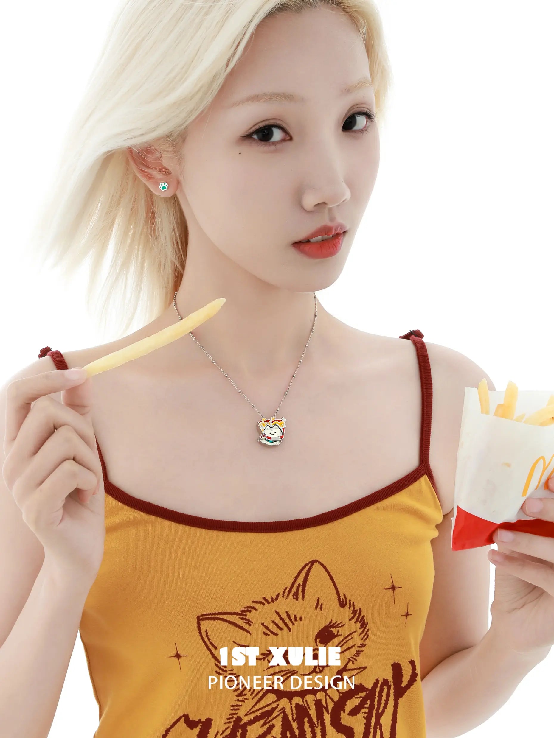 1ST XULIE "Cuties' Appleland" Playful Interchangeable Kitten Choker Necklace in Platinum Plated - Lifestyle Shot