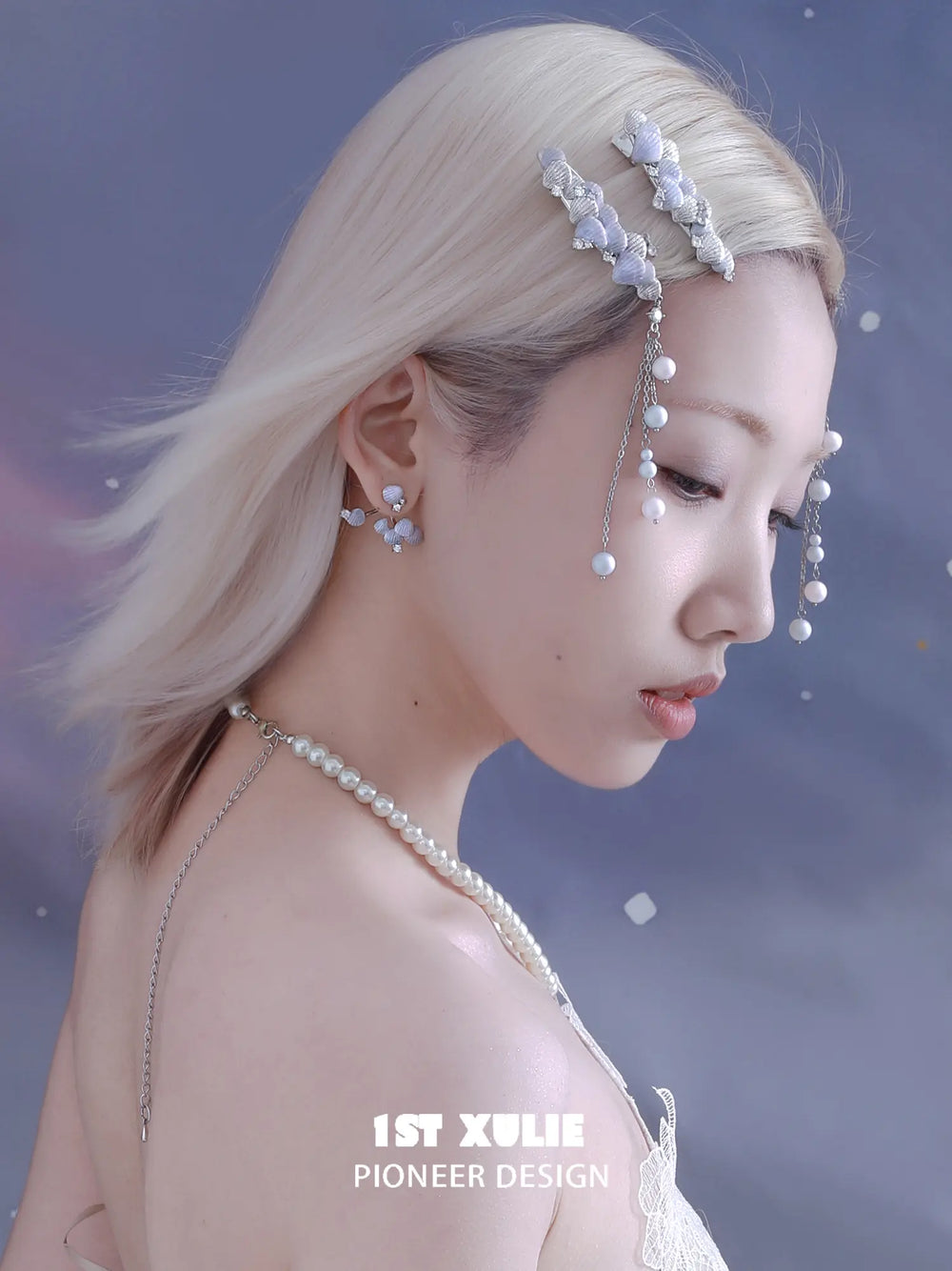 1ST XULIE Jewelry "ATLANTIS" Iridescent Seashell Hair Clips in Rhodium Plated Brass - Angle View 1
