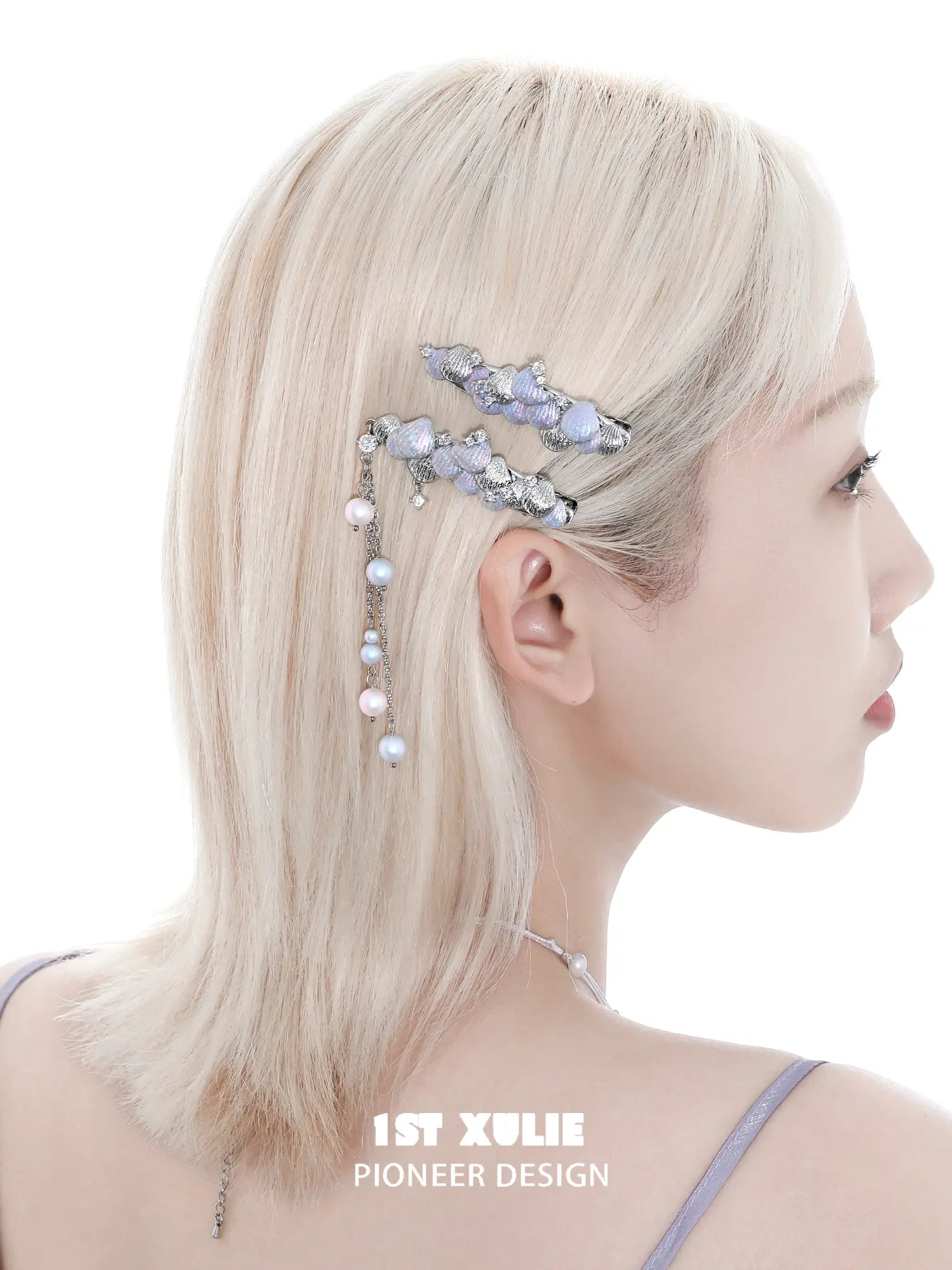 1ST XULIE Jewelry "ATLANTIS" Iridescent Seashell Hair Clips in Rhodium Plated Brass - Detail Shot
