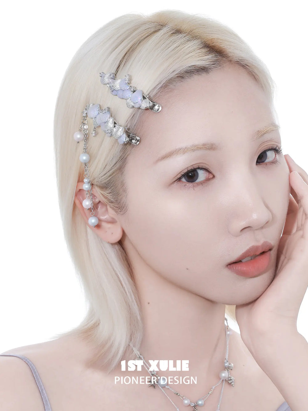 1ST XULIE Jewelry "ATLANTIS" Iridescent Seashell Hair Clips in Rhodium Plated Brass - Lifestyle Shot