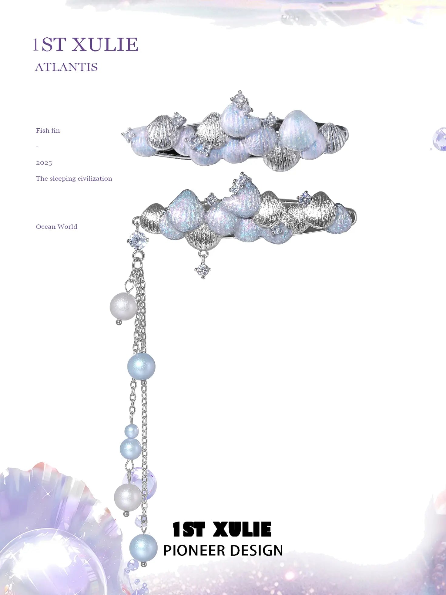 1ST XULIE Jewelry "ATLANTIS" Iridescent Seashell Hair Clips in Rhodium Plated Brass - On Model