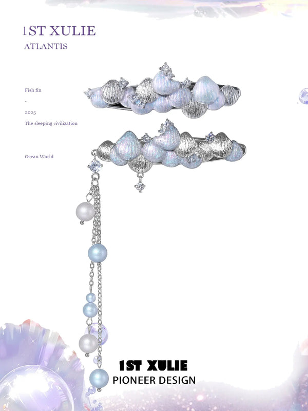"ATLANTIS" Rhodium Plated Iridescent Seashell Hair Clips, Statement Barrette