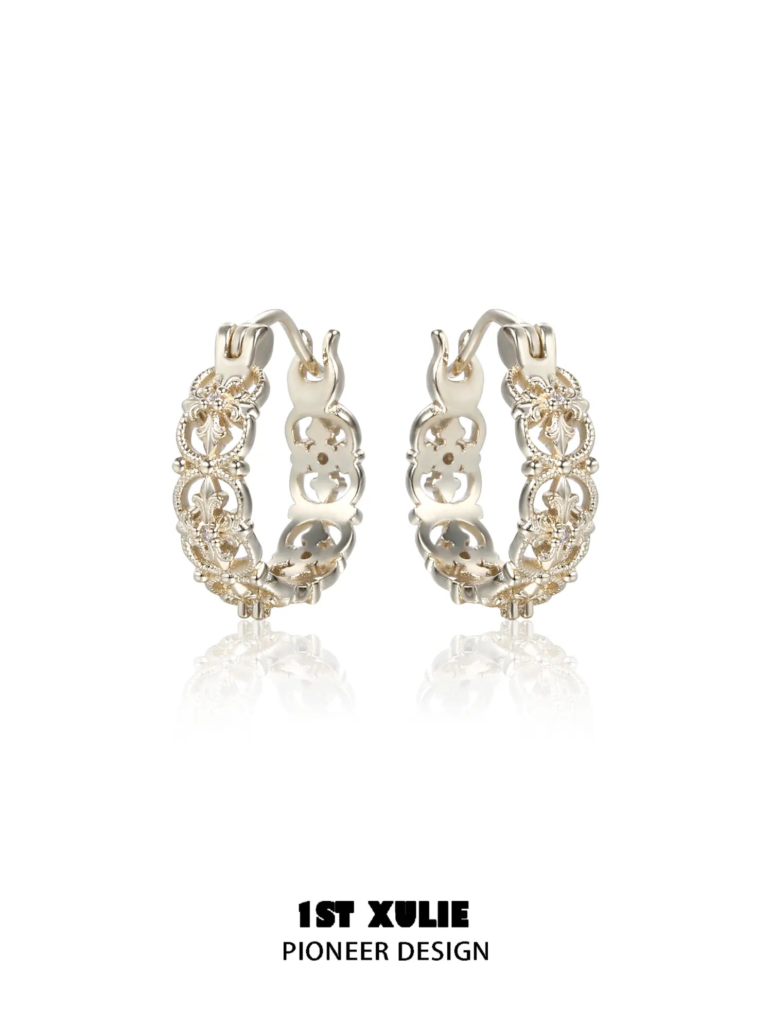 1ST XULIE "Bastet" Iris Blossom Huggie Hoop Earrings in Rhodium Plated - Product View